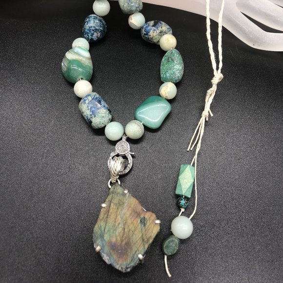 Necklace - Diamond Clasp Rough Labradorite Tumbled Turquoise Amazonite